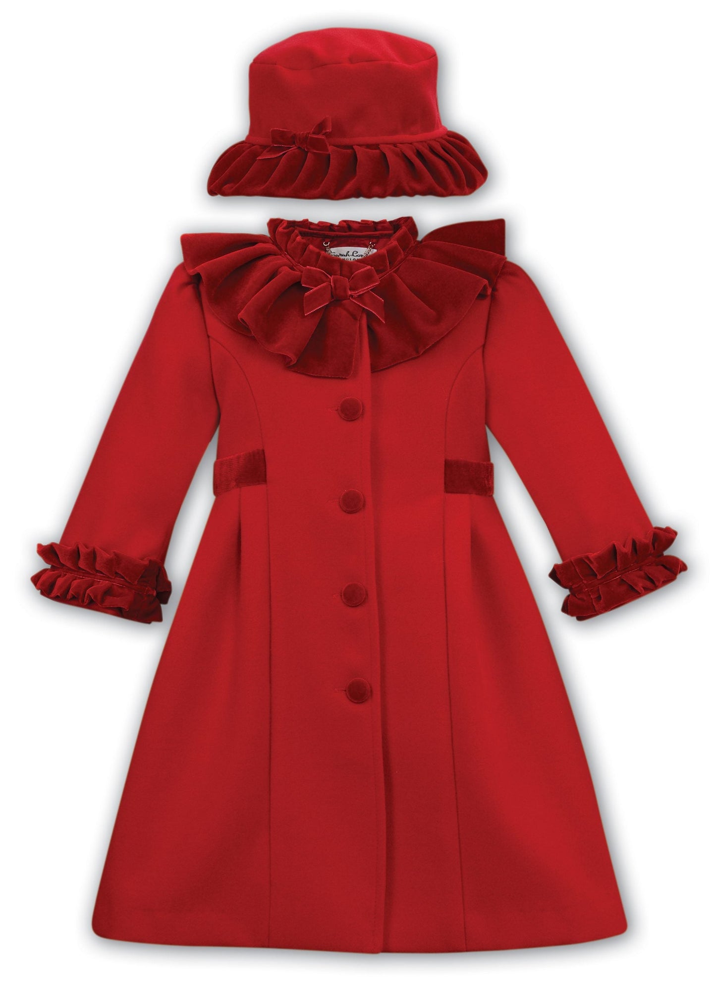 Sarah Louise Traditional velvet trimmed red coat & hat - Rose & Albert
