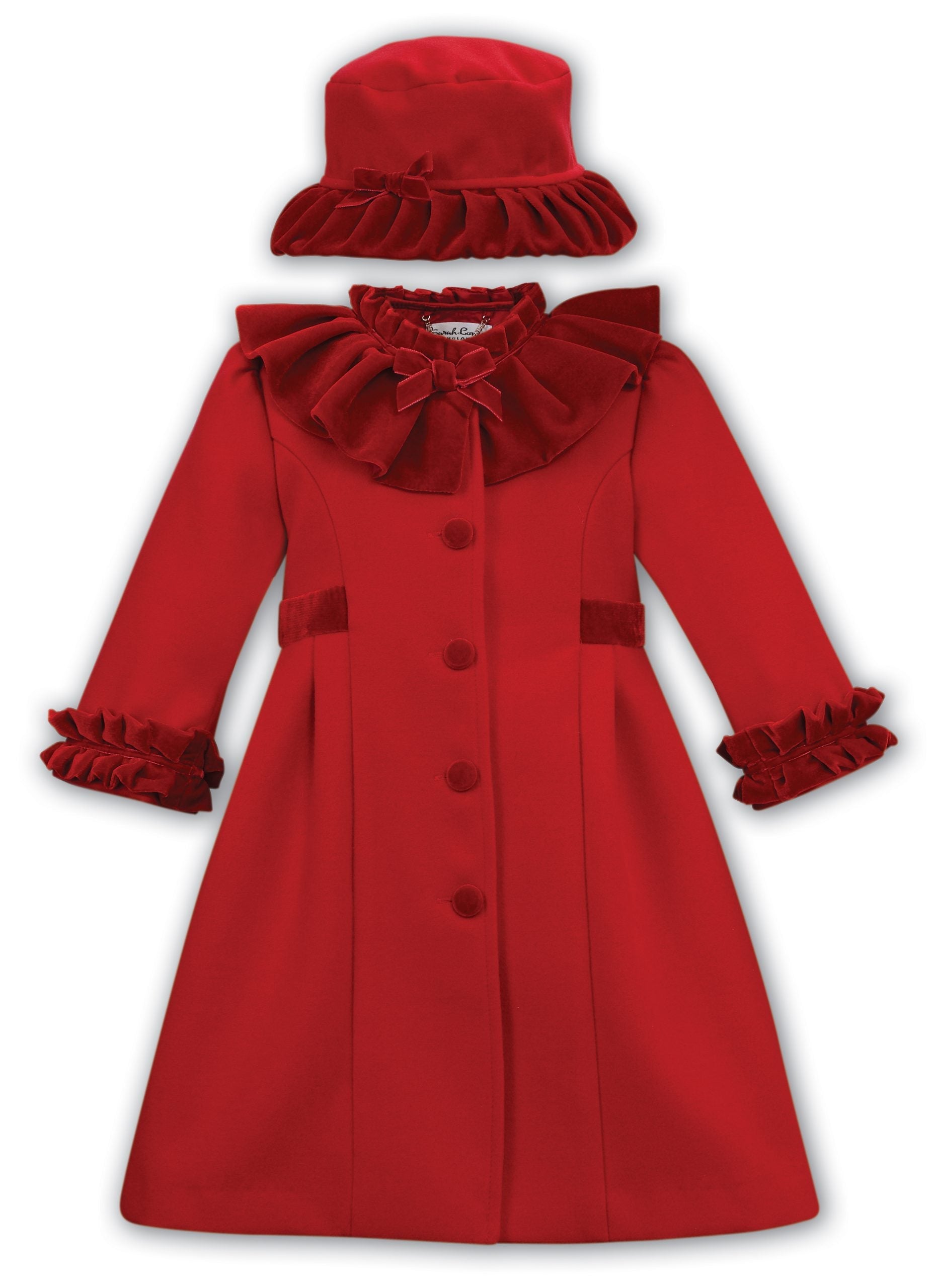 Sarah Louise Traditional velvet trimmed red coat & hat - Rose & Albert