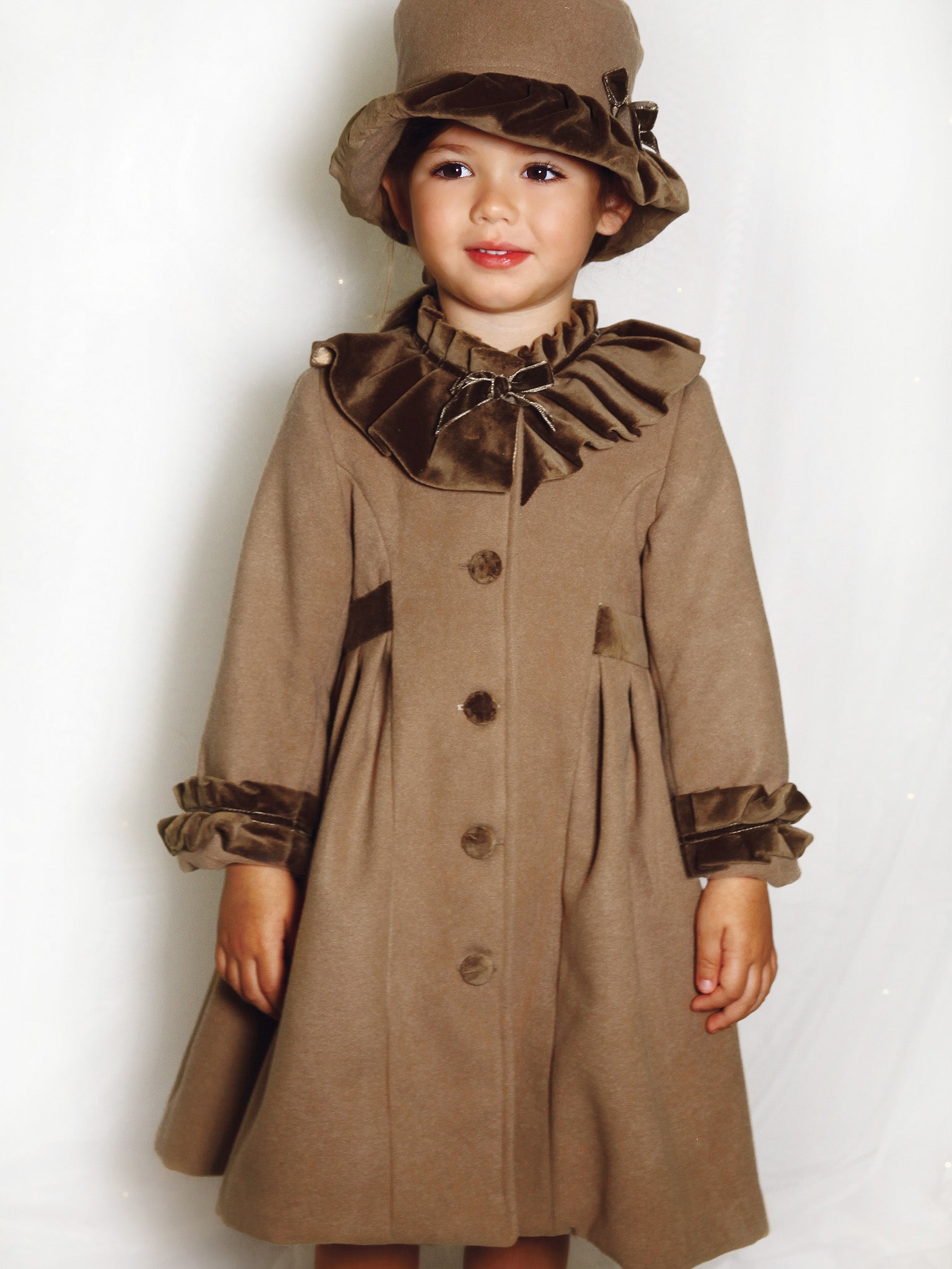 Sarah Louise Traditional velvet trimmed camel coat & hat - Rose & Albert