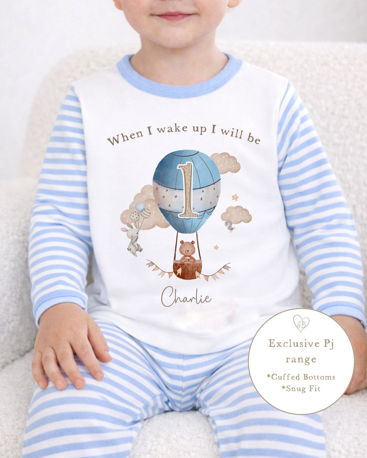 Personalised Blue Stripe Birthday Pyjamas - Hot Air Balloon Design