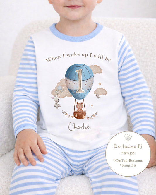 Personalised Blue Stripe Birthday Pyjamas - Hot Air Balloon Design