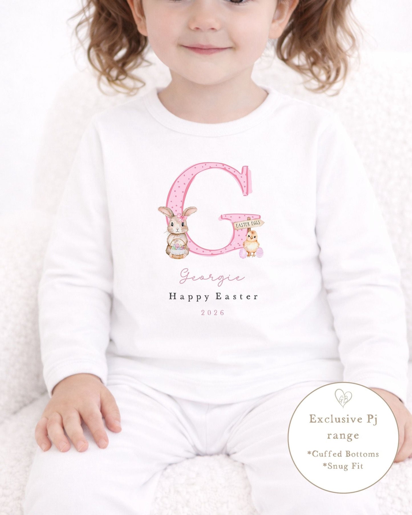 Personalised Plain White Easter Pyjamas - Pink Initial Design
