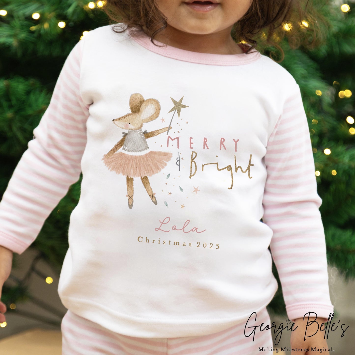 Personalised Pink Stripe Christmas Pyjamas - Merry & Bright Design