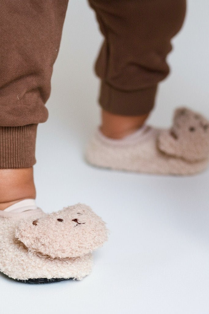 The Beige Bear Strap Slippers Soft - Cozy Crew Club