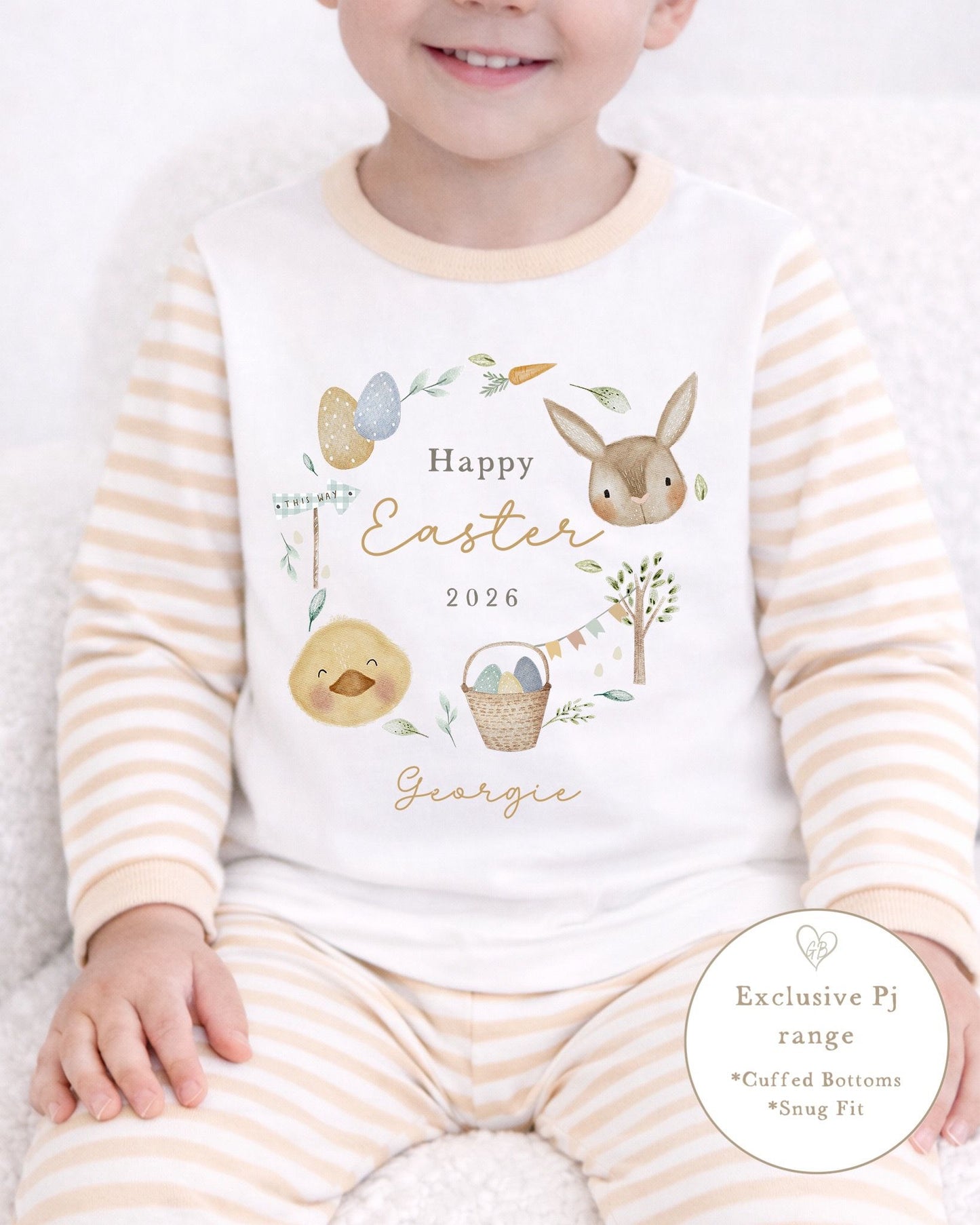 Personalised Beige Stripe Easter Pyjamas - Nude Easter Wreath Design