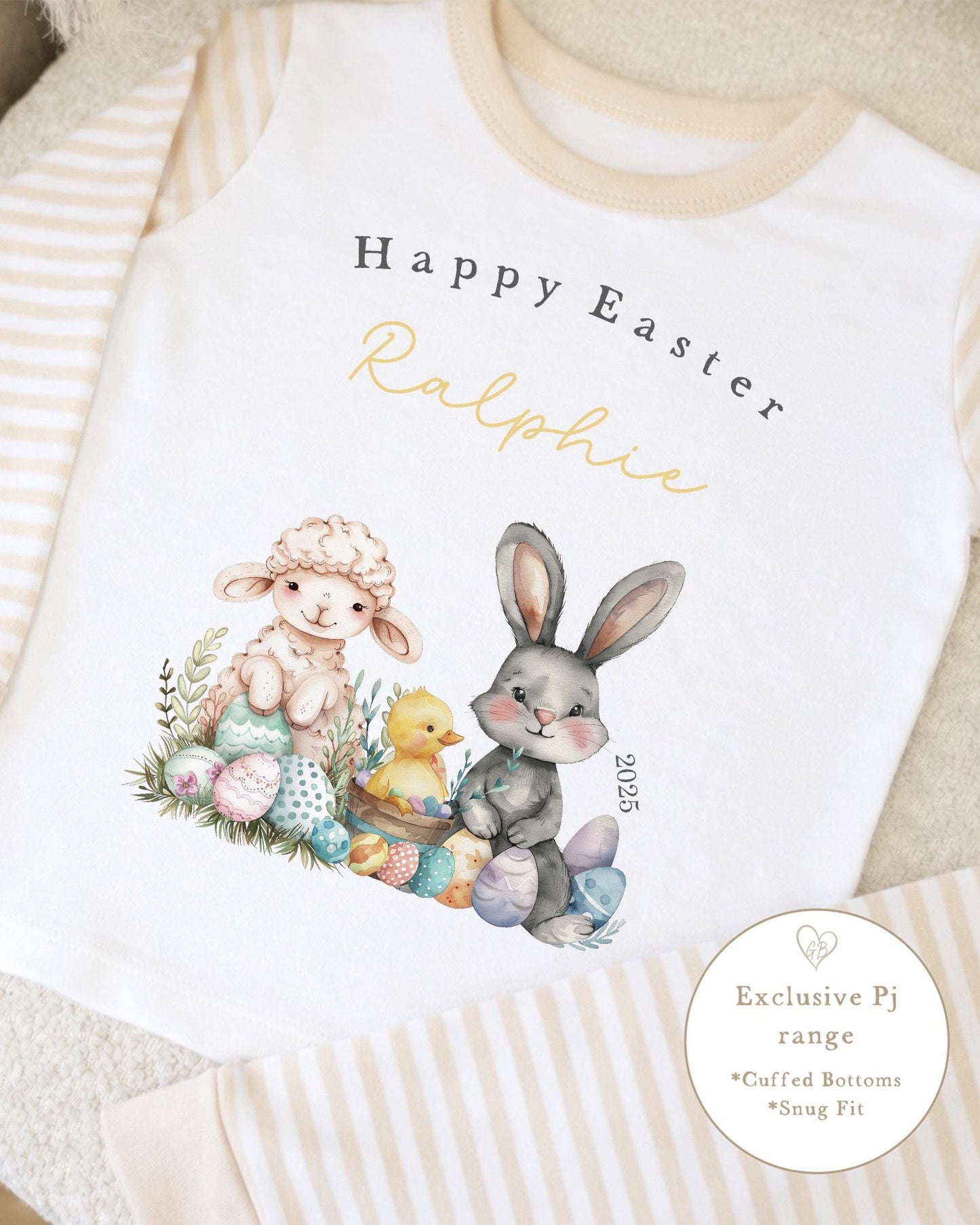 Personalised Beige Stripe Easter Pyjamas - Easter Scene Design