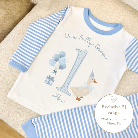 Personalised Blue Stripe Birthday Pyjamas - One Silly Goose Design