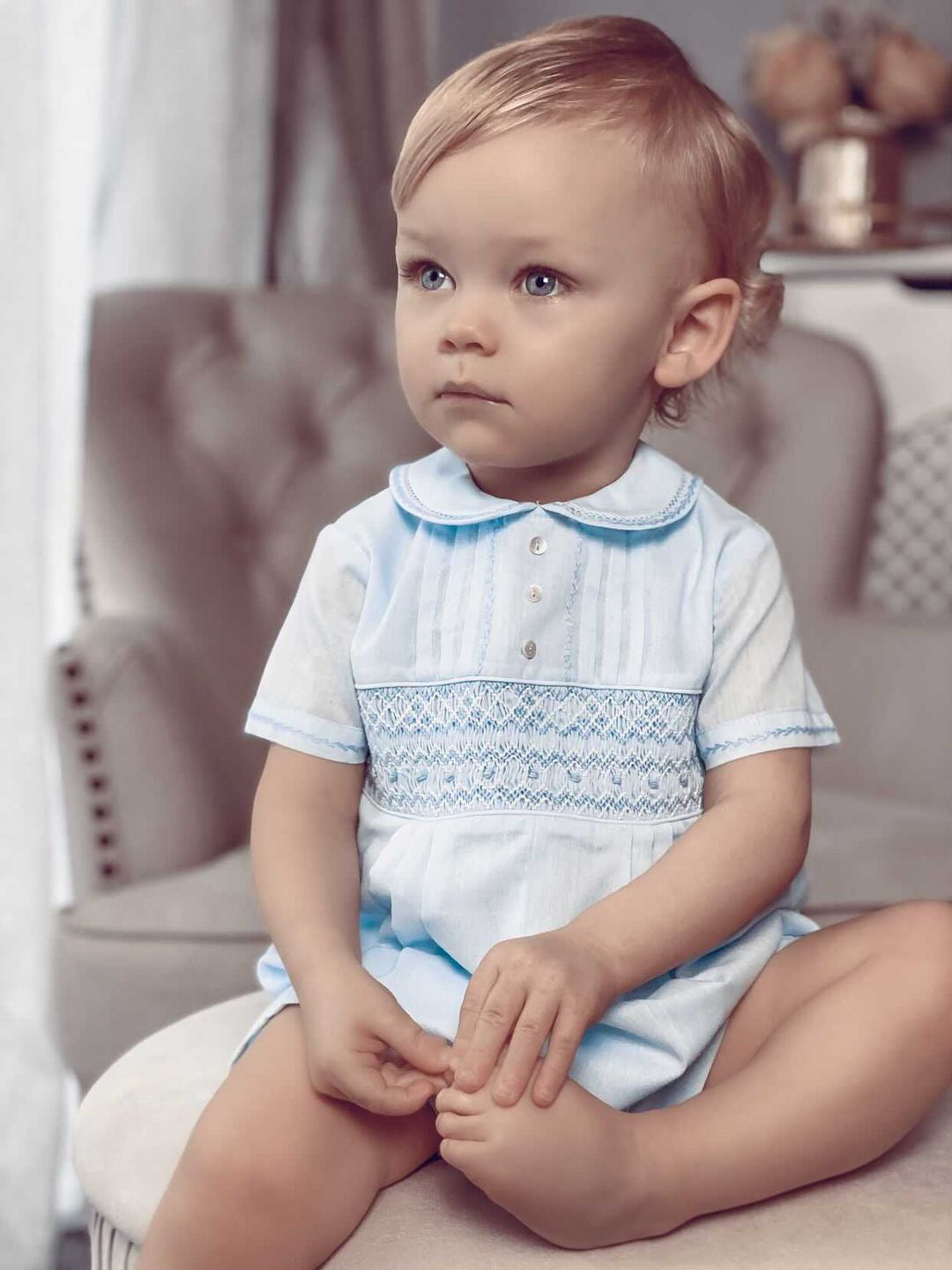 Sarah Louise Blue 'Heritage' smocked romper - Rose & Albert