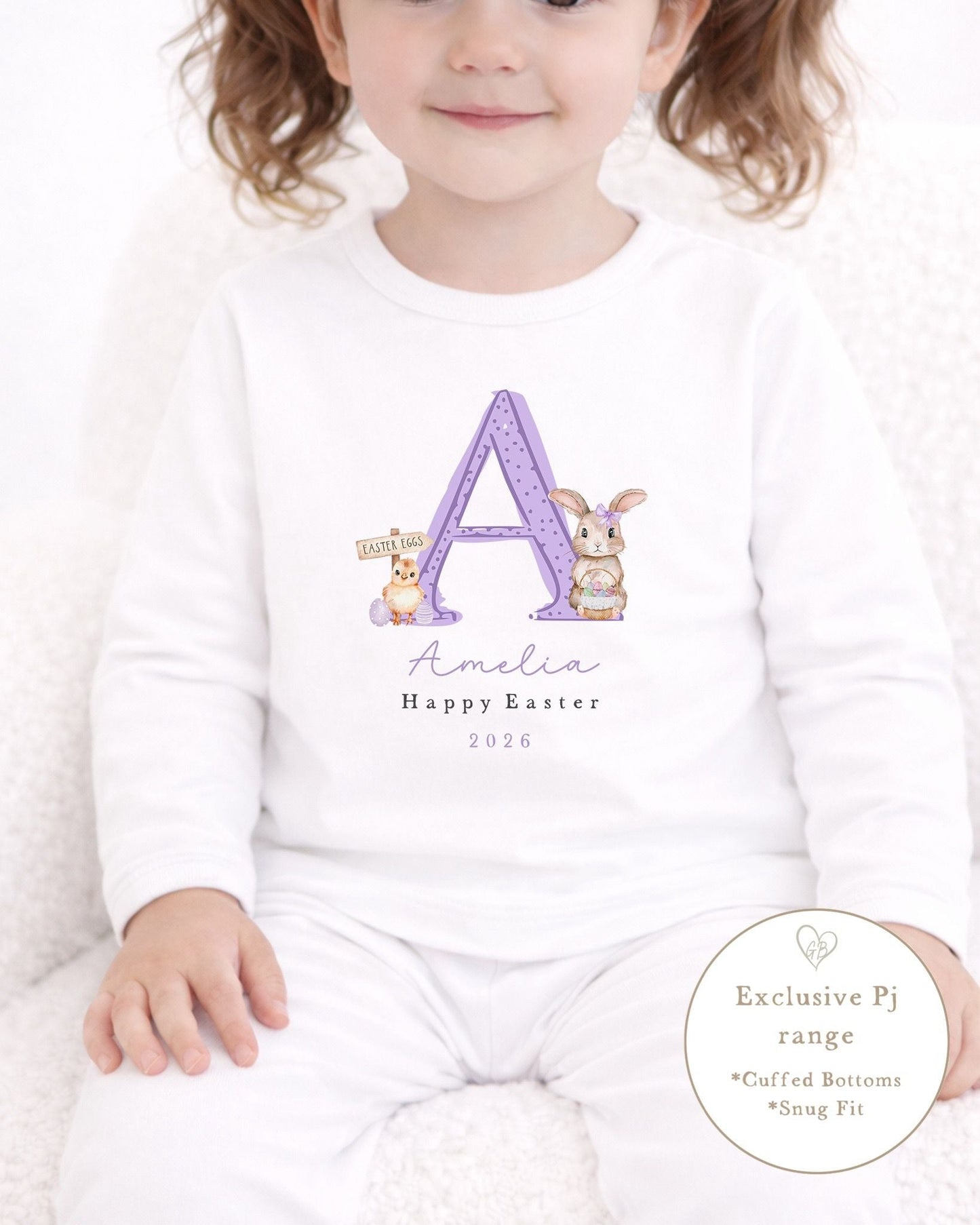 Personalised Plain White Easter Pyjamas - Lilac Initial Design