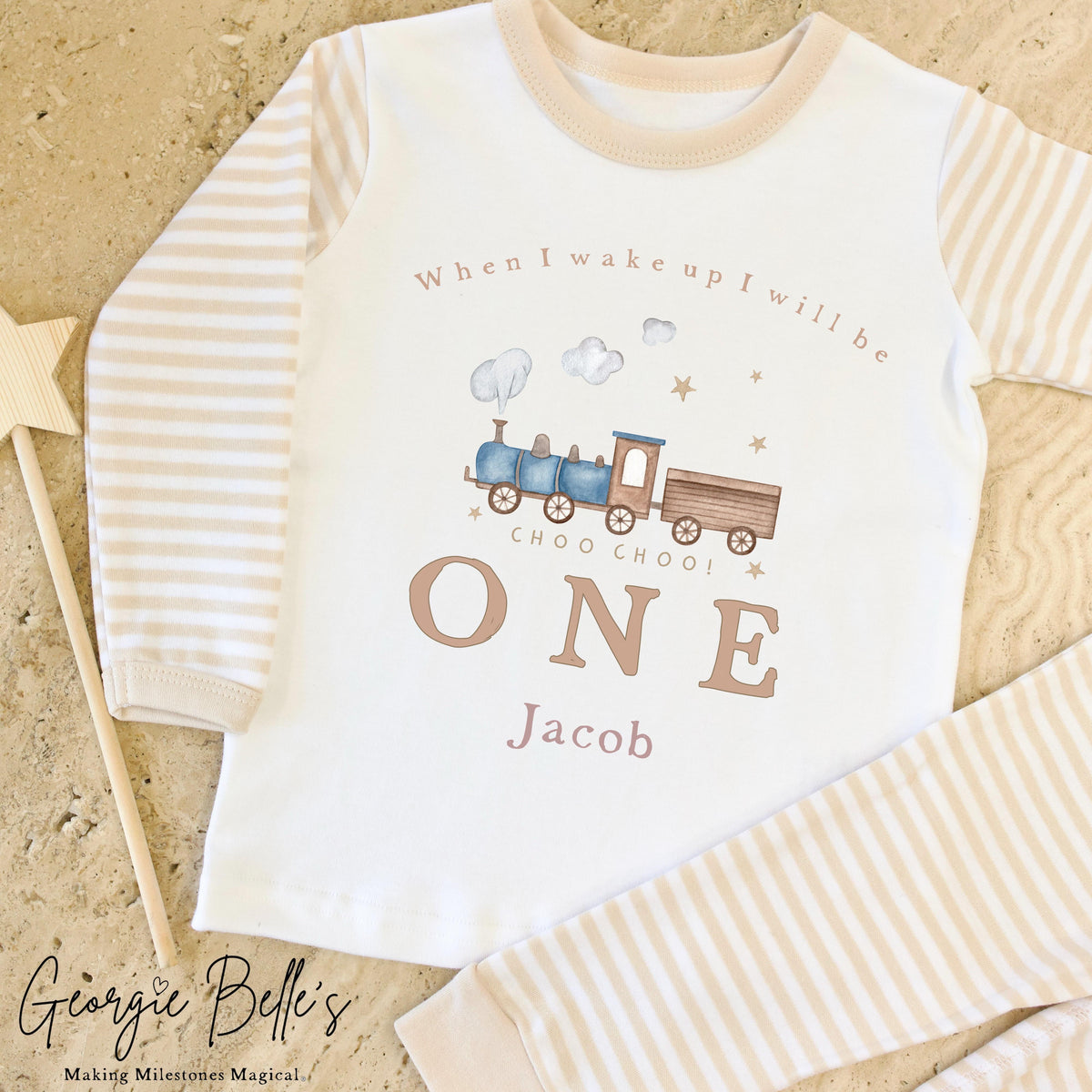 Personalised Beige Stripe Birthday Pyjamas - Train Design