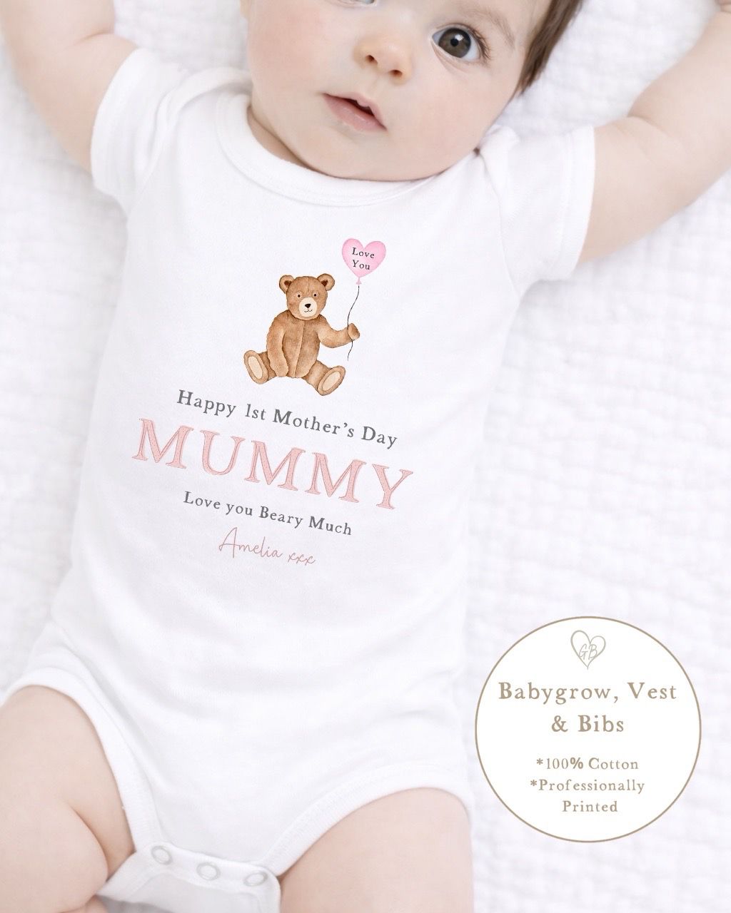 Personalised My First Mother's Day Babygrow / Short Sleeve Vest - Pink Bear Heart Design