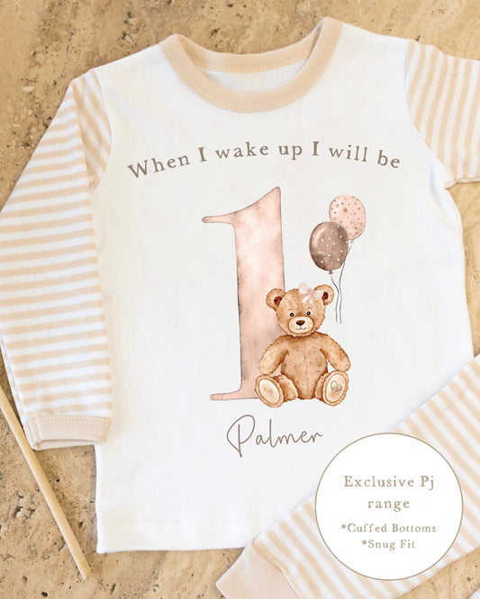 Beige & White Striped Personalised Birthday Pyjamas - Nude Girl Bear Design