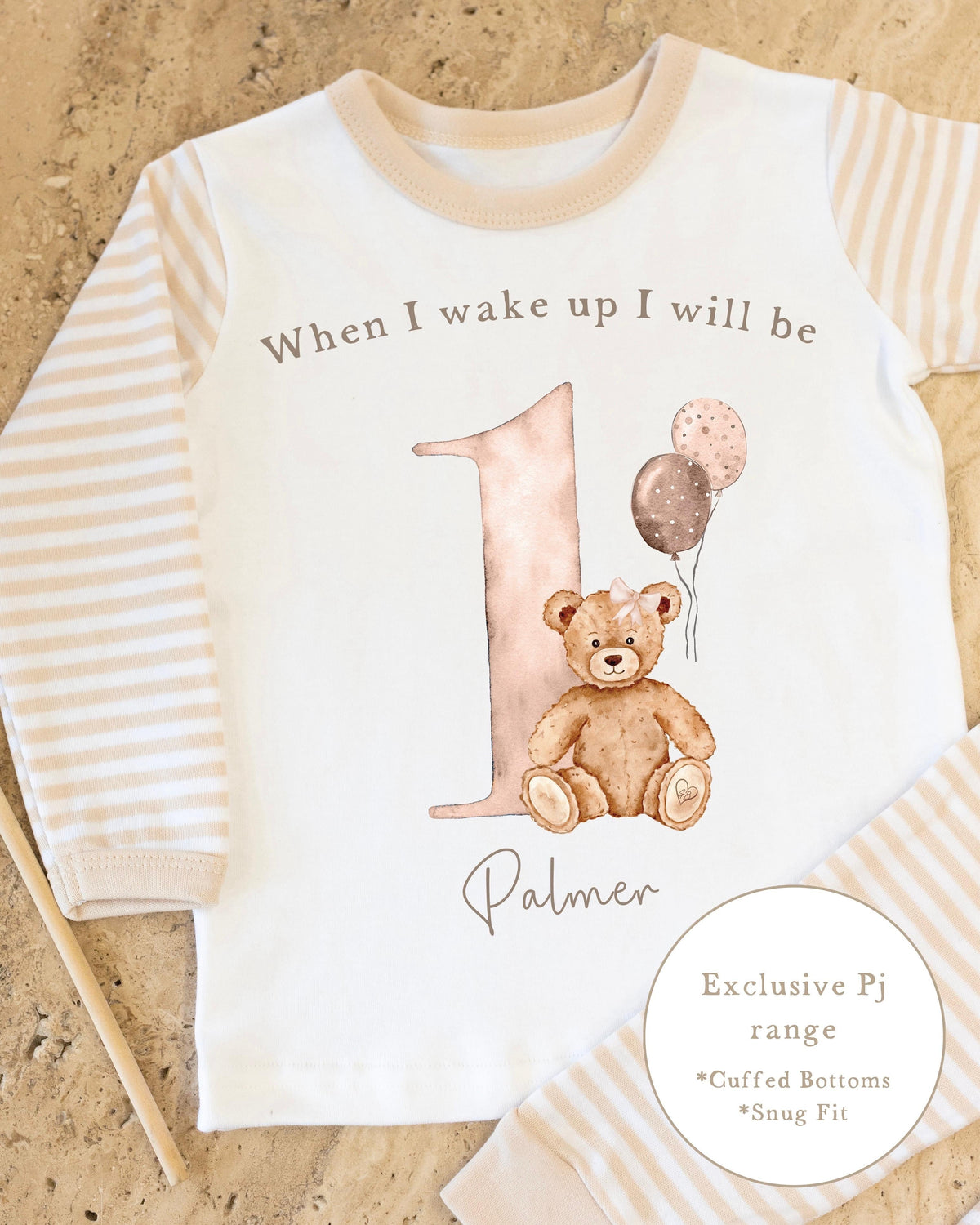 Personalised Beige Stripe Birthday Pyjamas - Beige Bear with Bow Design