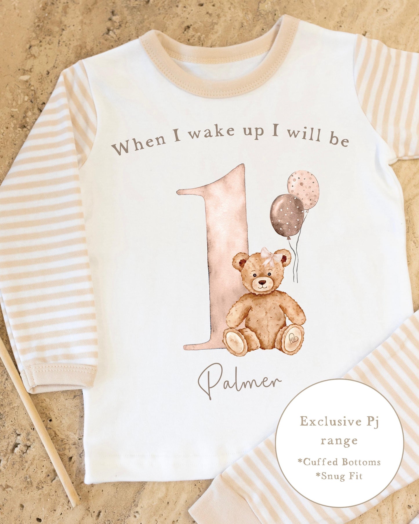 Beige & White Striped Personalised Birthday Pyjamas - Nude Girl Bear Design