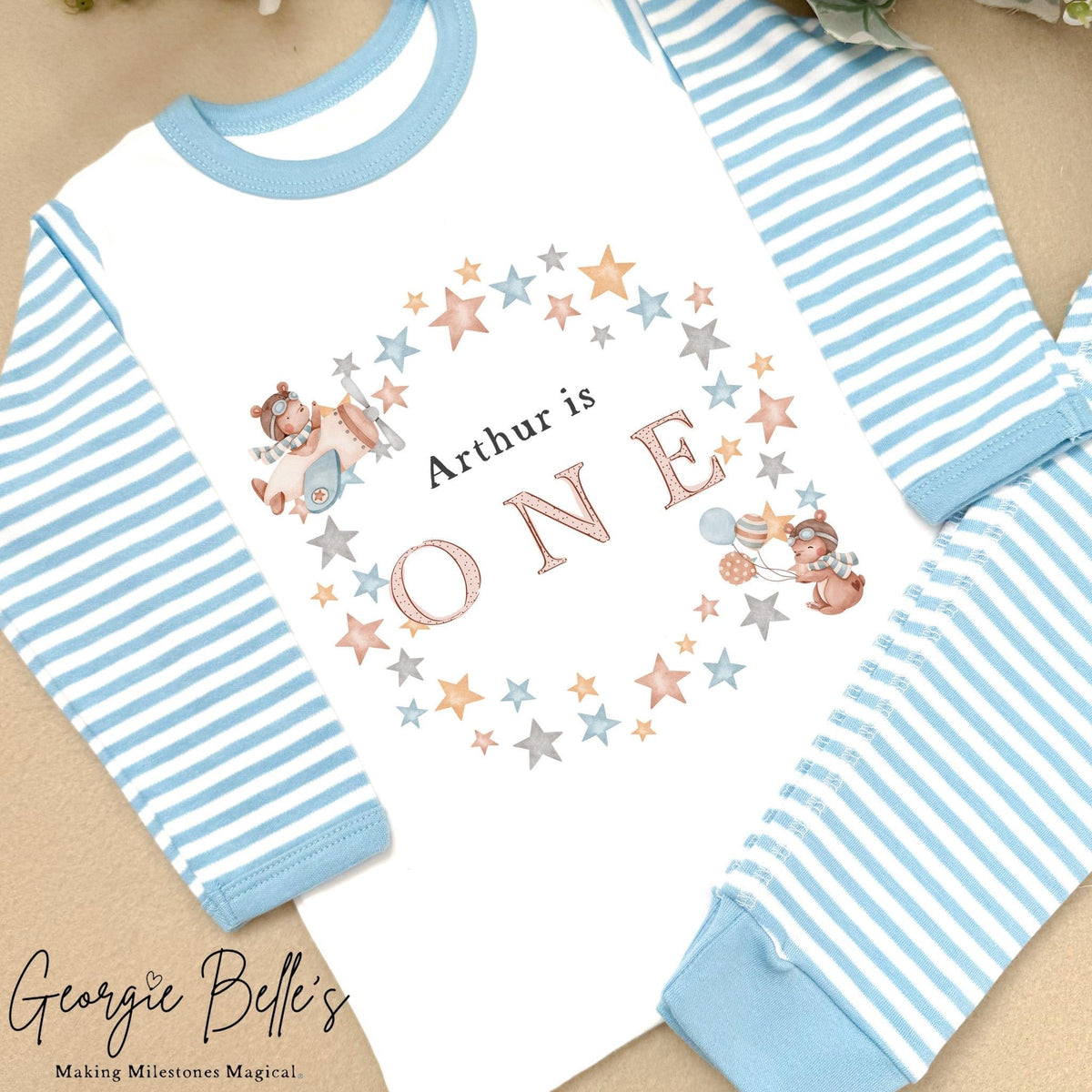 Personalised Blue Stripe Birthday Pyjamas - Blue Star Wreath Design