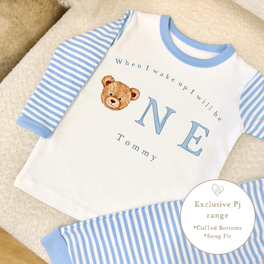 Blue & White Striped Personalised Birthday Pyjamas - Blue Bear Word Design