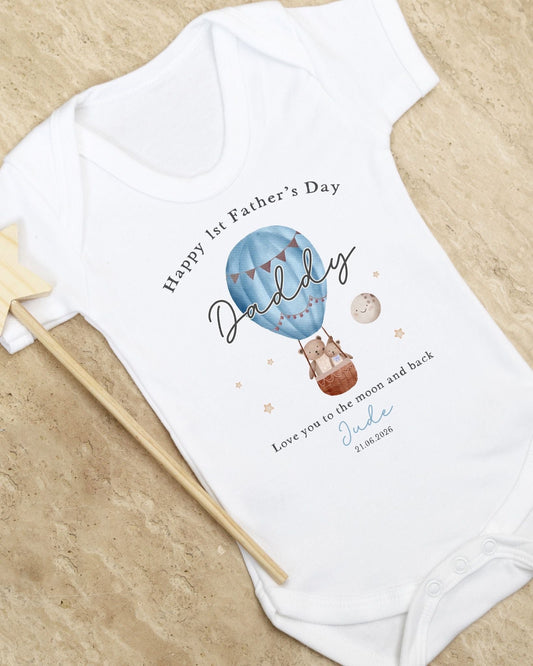 Personalised My First Father's Day Baby Vest / Babygrow - Blue Hot Air Balloon Design