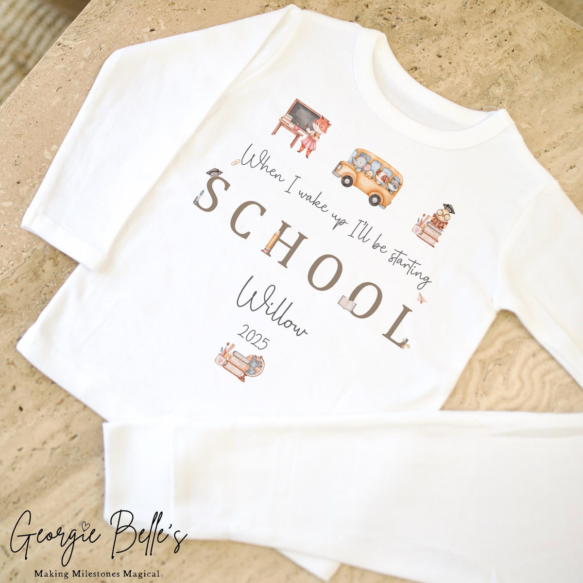 Personalised Starting School Pyjamas - White Traditional Beige Design