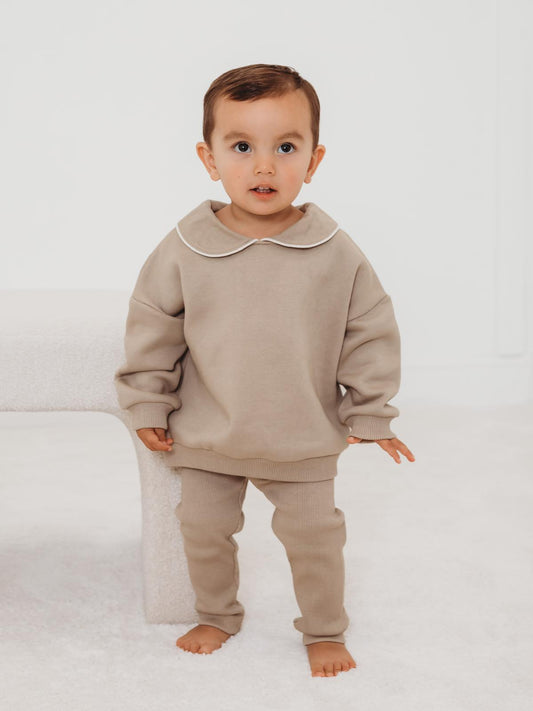 'Ari' Beige peter pan collar sweatshirt & ribbed legging set - Rose & Albert
