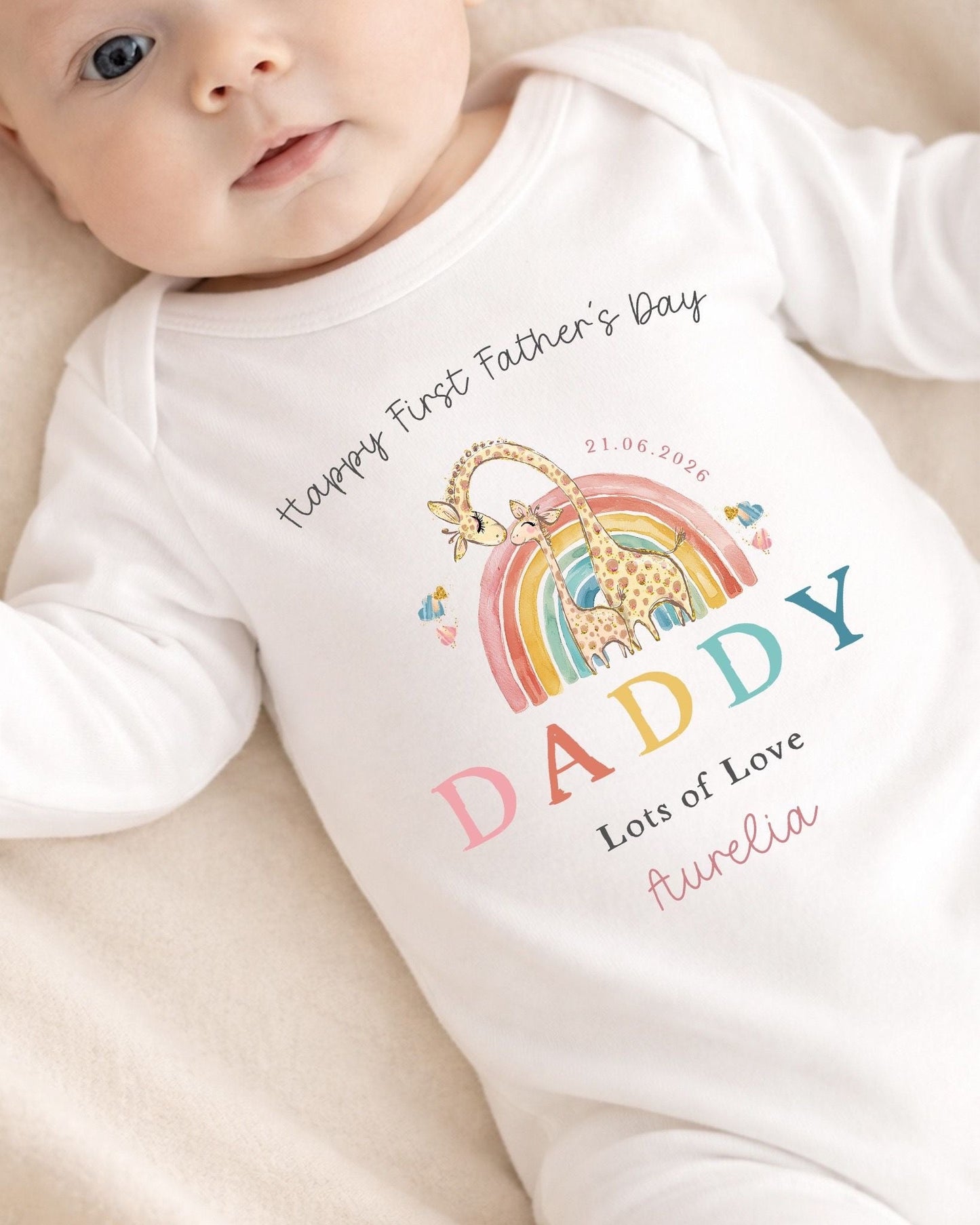 Personalised My First Father's Day Baby Vest / Babygrow - Rainbow Giraffe Design