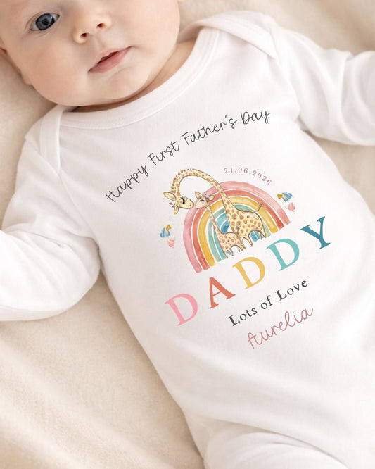 Personalised My First Father's Day Baby Vest / Babygrow - Rainbow Giraffe Design