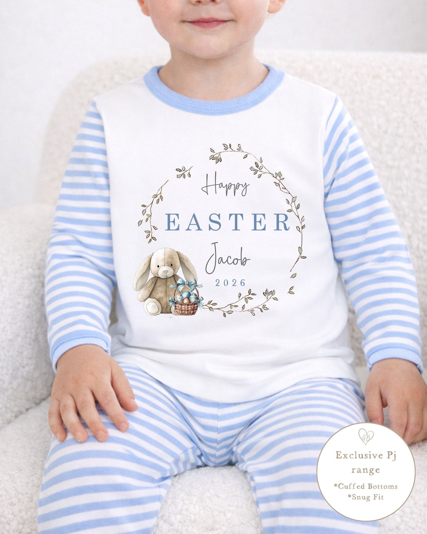 Personalised Blue Stripe Easter Pyjamas - Bunny Wreath Design