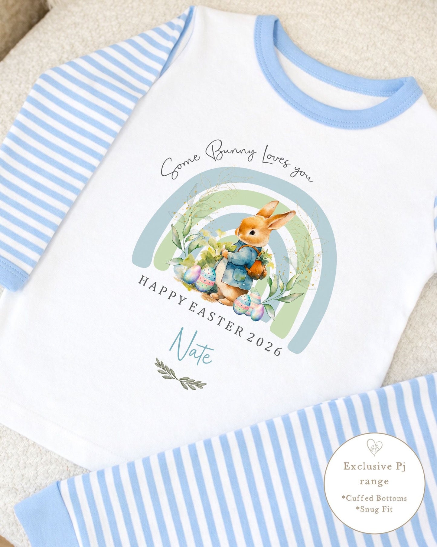 Personalised Blue Stripe Easter Pyjamas - Some Bunny Design