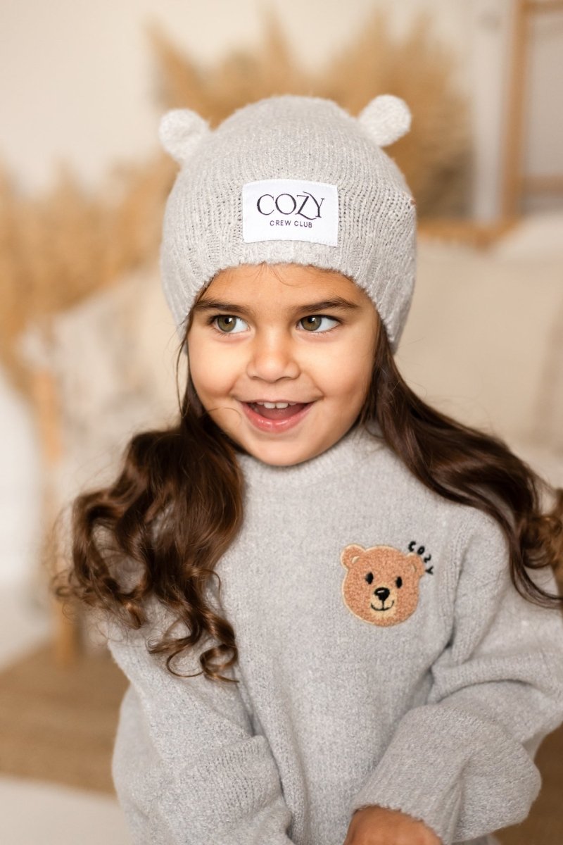 COZY Knitted Bear Beanie Hat Grey - Cozy Crew Club
