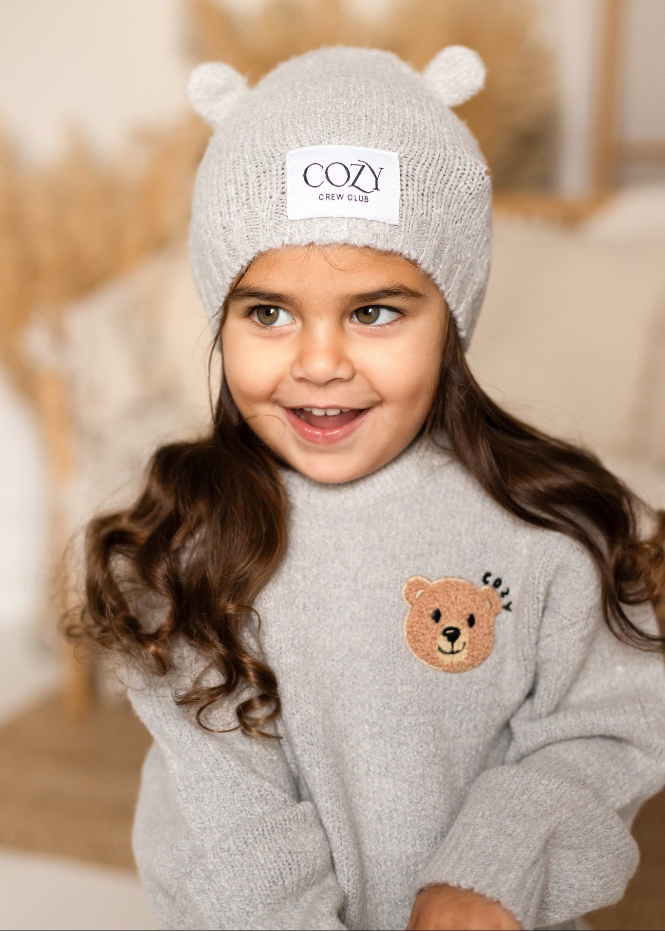 Cozy Knitted Bear Beanie Hat in Grey
