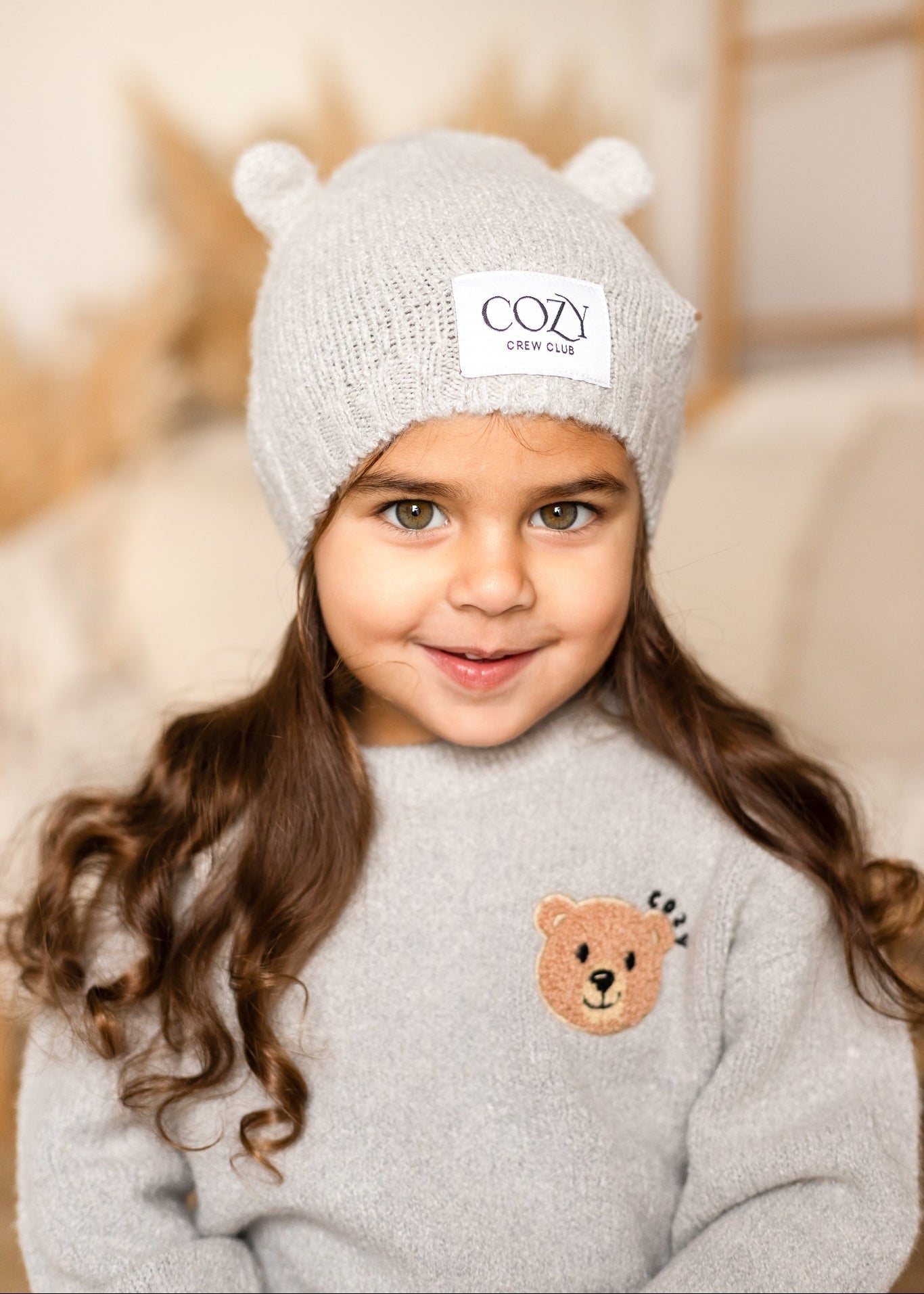 Cozy Knitted Bear Beanie Hat in Grey