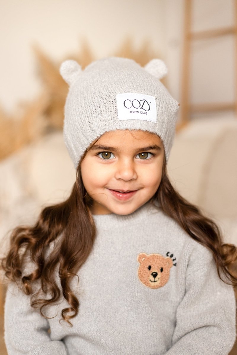 COZY Knitted Bear Beanie Hat Grey - Cozy Crew Club