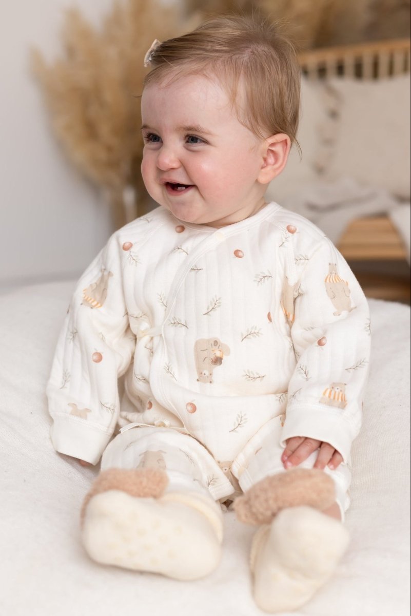 The Woodland Bear Boucle Wrap Baby Grow Romper - Cozy Crew Club