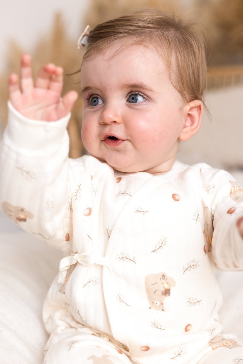 The Woodland Bear Boucle Wrap Baby Grow Romper - Cozy Crew Club