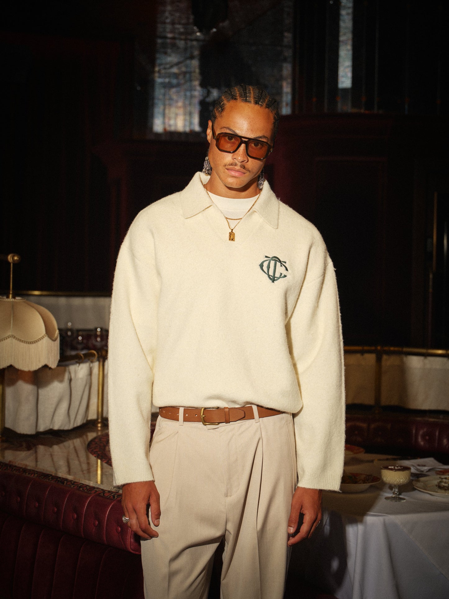 MONOGRAM KNITTED POLO TOP - OFF WHITE