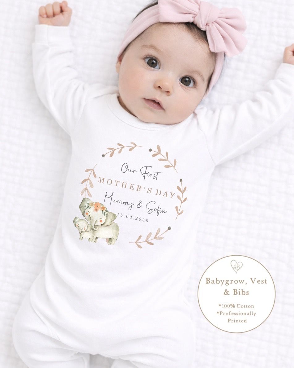 Personalised My First Mother's Day Babygrow / Short Sleeve Vest - Elephant Wreath Design