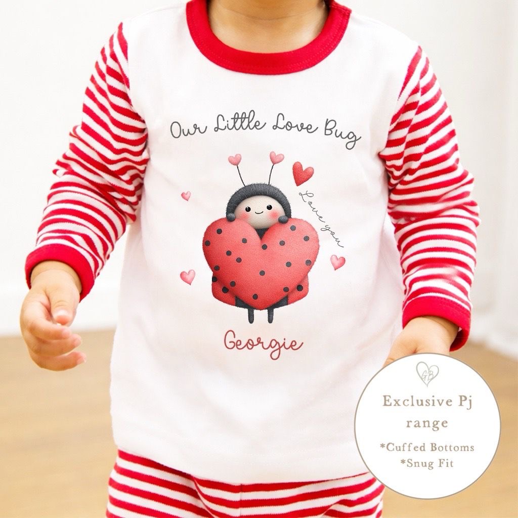 Personalised Red Stripe Valentines Pyjamas - Love Bug Design