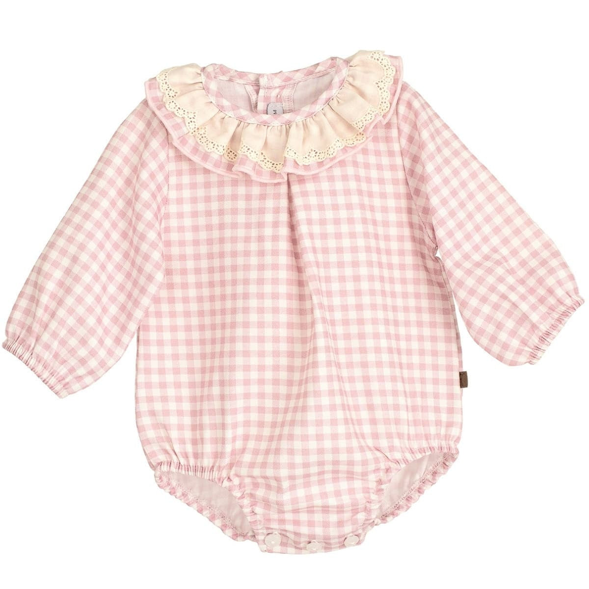 Calamaro Pink Checked frill collar romper - Rose & Albert