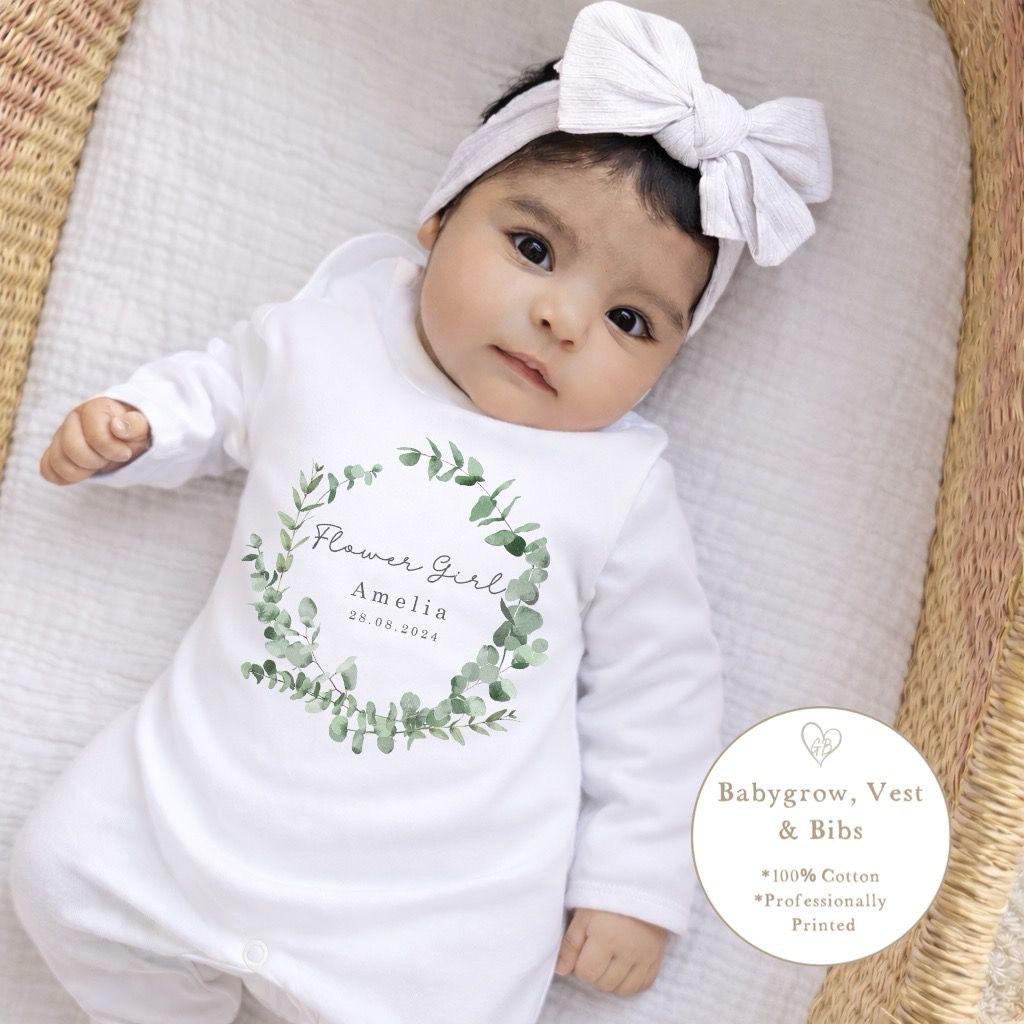 Personalised Flower Girl Babygrow / Short Sleeve Vest Eucalyptus Wreath Design