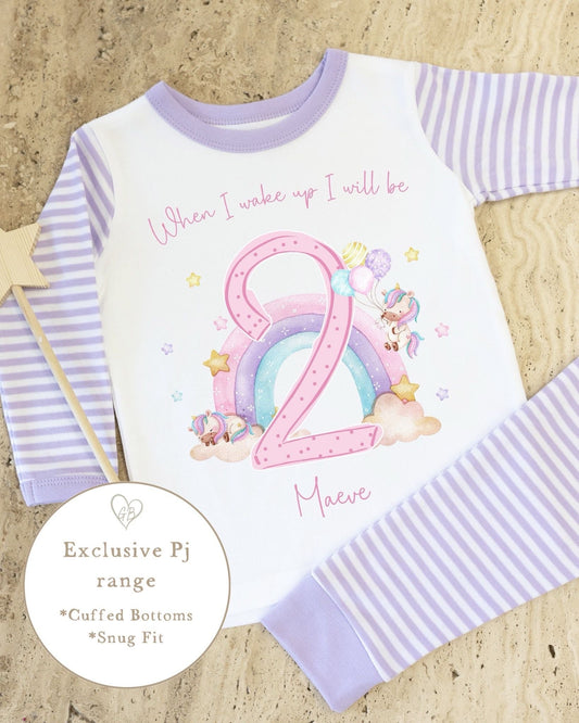 Lilac & White Striped Personalised Birthday Pyjamas - Pastel Unicorn Design