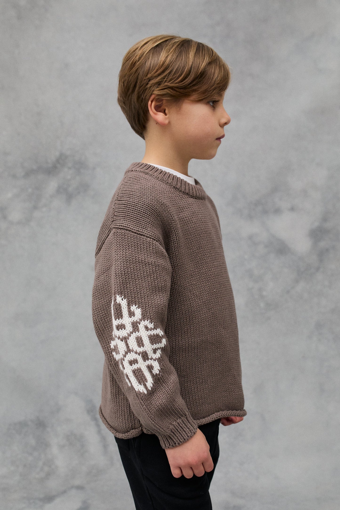 JNR CHUNKY KNIT EMBLEM JUMPER - BROWN