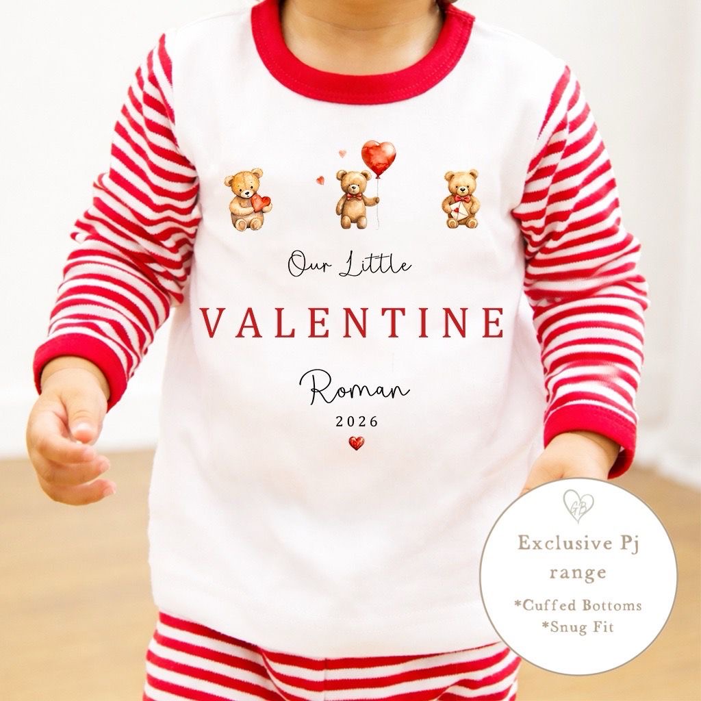 Personalised Red Stripe Valentines Pyjamas - Bear Trio Design