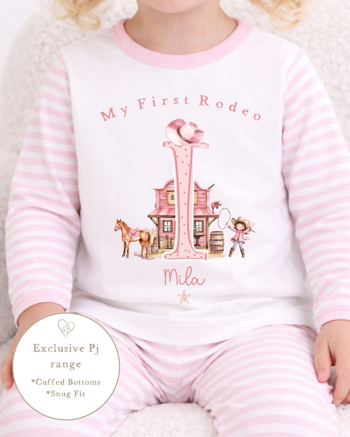 Personalised Pink Stripe Birthday Pyjamas - My First Rodeo Design