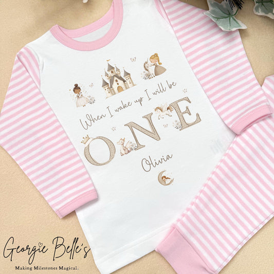 Personalised Pink Stripe Birthday Pyjamas - Pink/ Nude Castle Trio Design