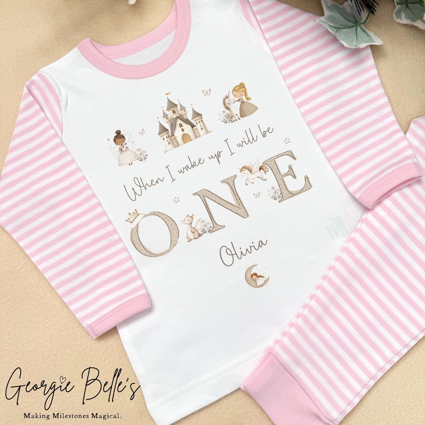 Personalised Pink Stripe Birthday Pyjamas - Pink/ Nude Castle Trio Design
