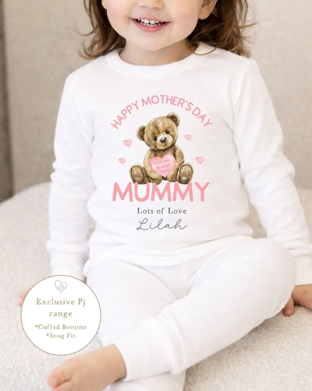 Personalised Mother's Day Pyjamas - Pink Bear Heart Design