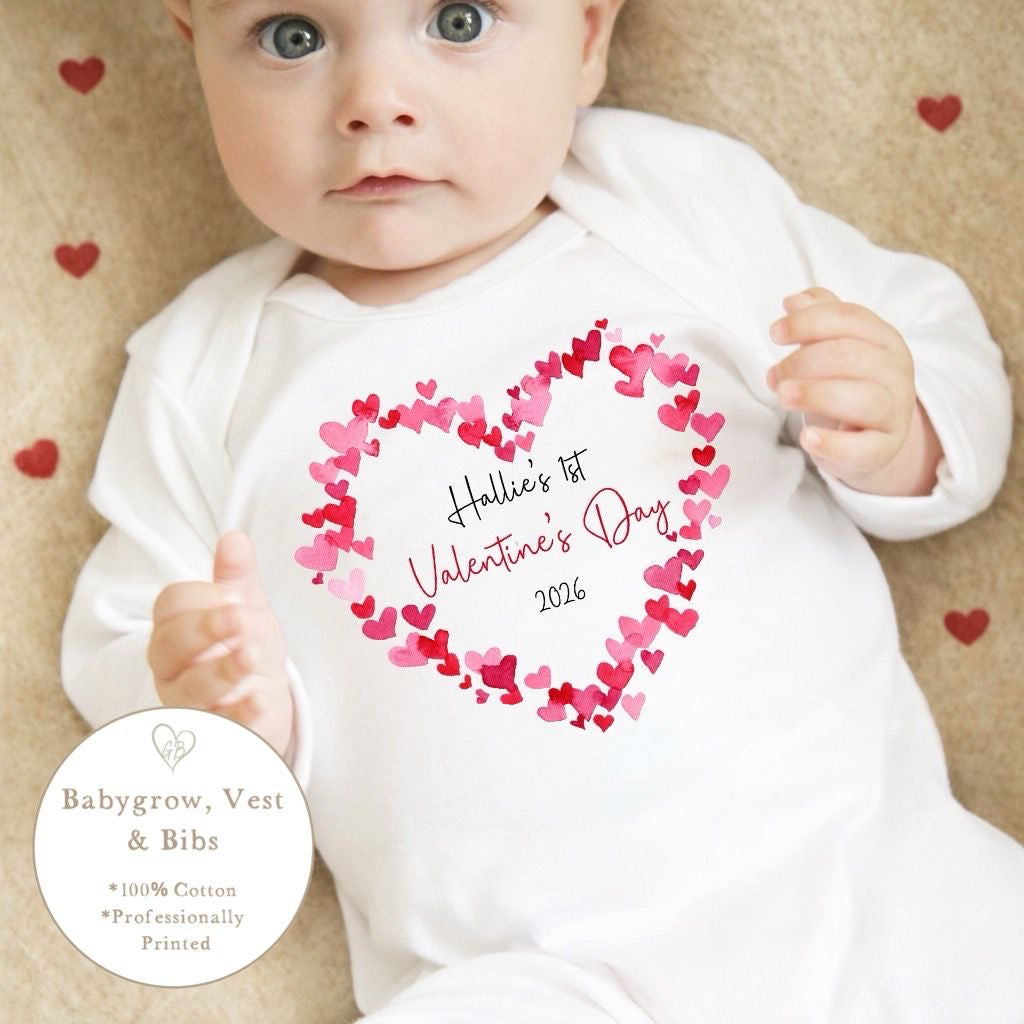Personalised Valentine's Sleepsuit / Bodysuit - First Valentine Heart  Design