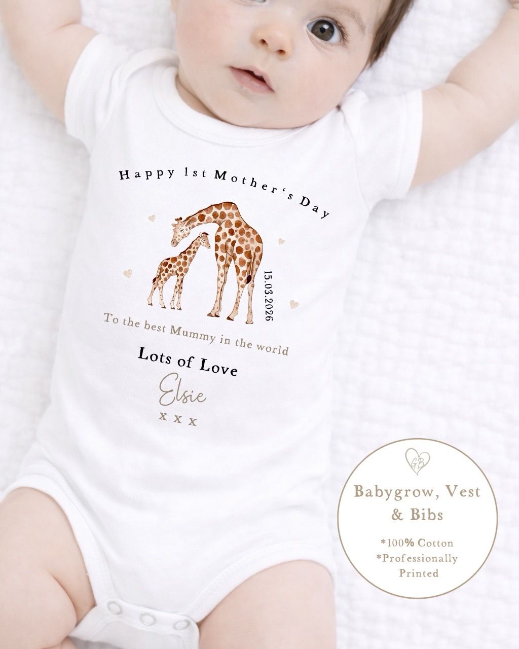 Personalised My First Mother's Day Babygrow / Short Sleeve Vest - Giraffe Design