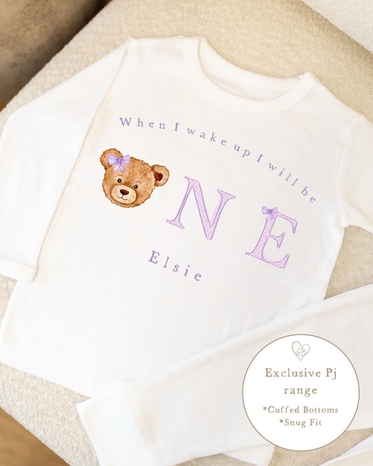 Plain White Personalised Birthday Pyjamas - Lilac Bear Word Design