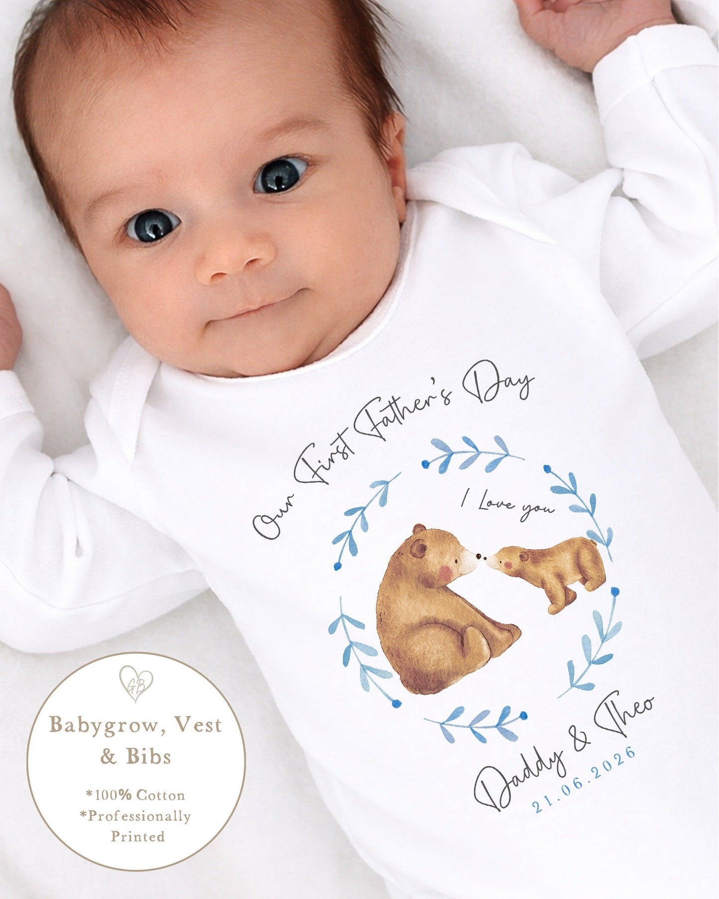 Personalised My First Father's Day Baby Vest / Babygrow - Blue Bear Wreath Design
