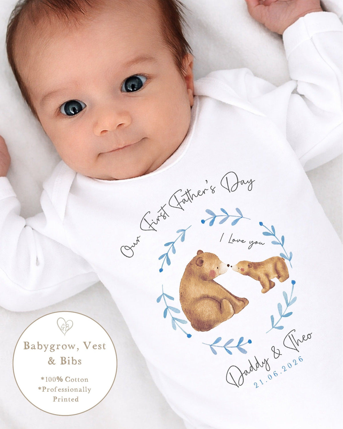 Personalised My First Father's Day Baby Vest / Babygrow - Blue Bear Wreath Design